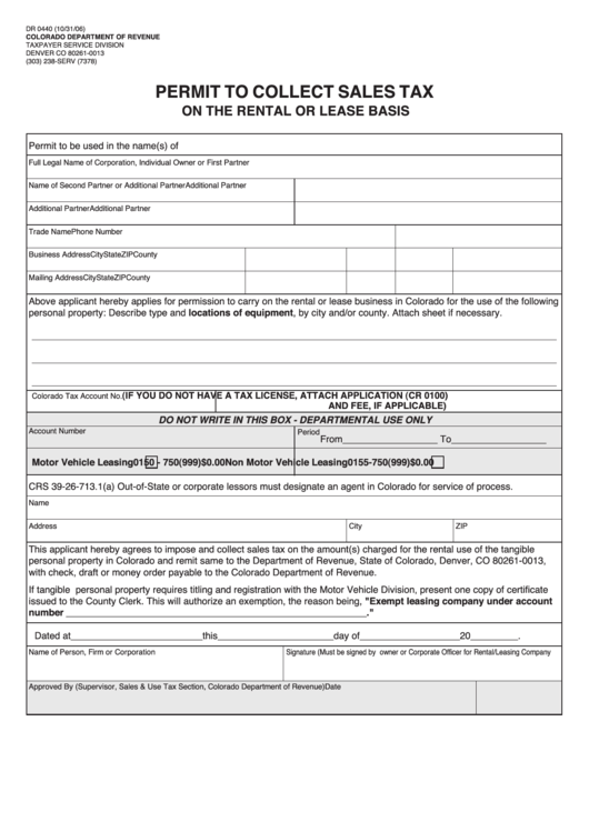 Form Dr 0440 Permit To Collect Sales Tax On The Rental Or Lease Basis 