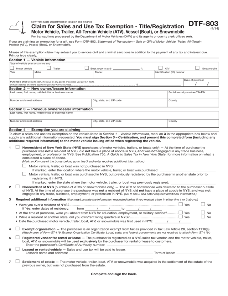 Form DTF 803 Claim For Sales And Use Tax Exemption New York Free 