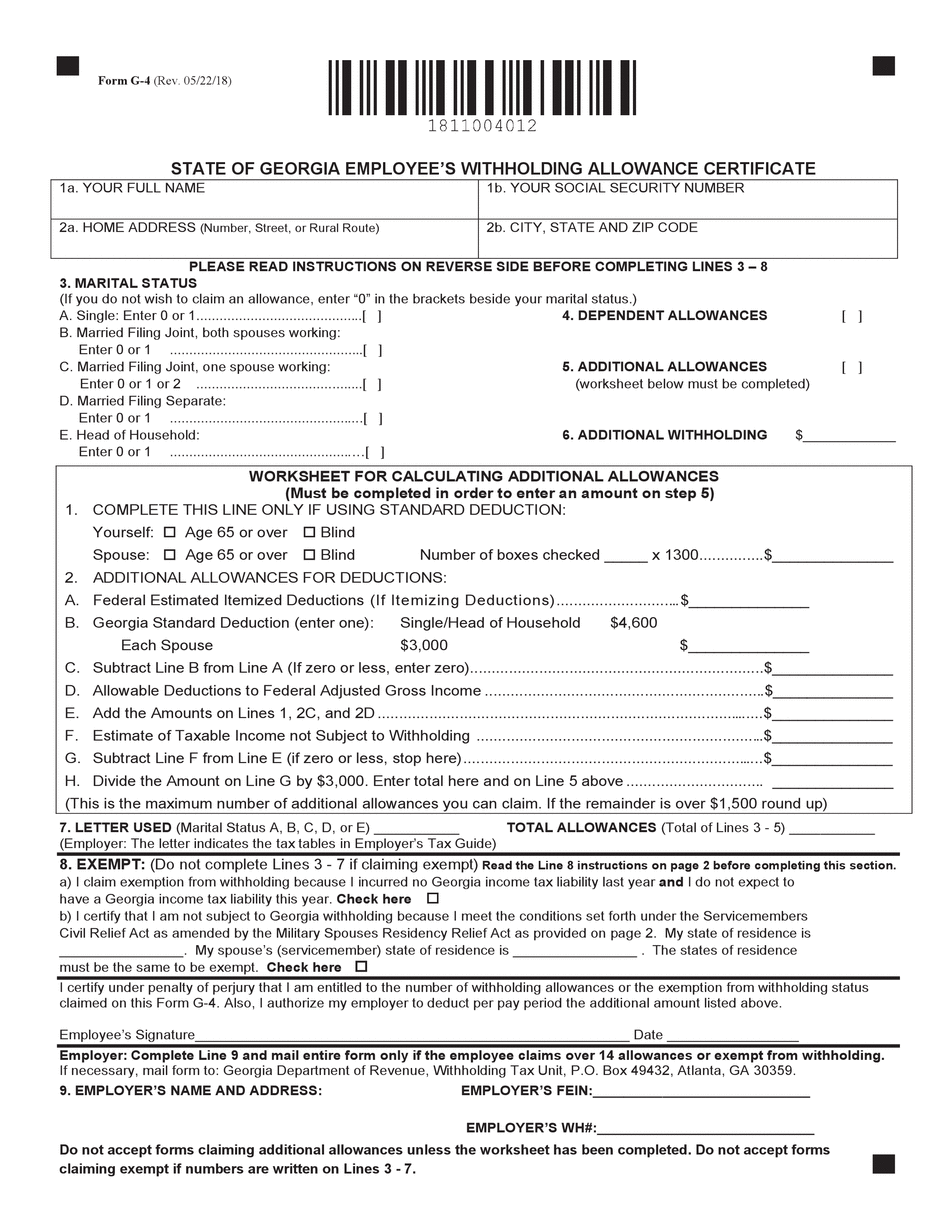 Form G 4 Printable Georgia Employee s Withholding Allowance Certificate