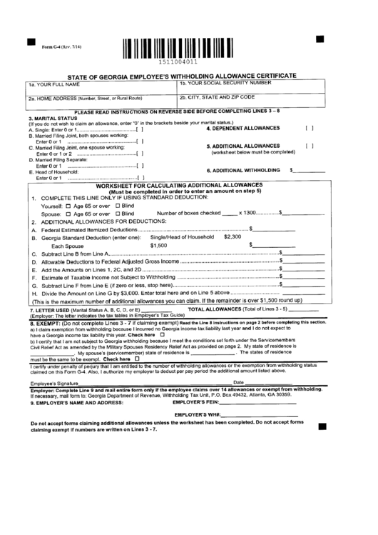 Form G 4 State Of Georgia Employee S Withholding Allowance 