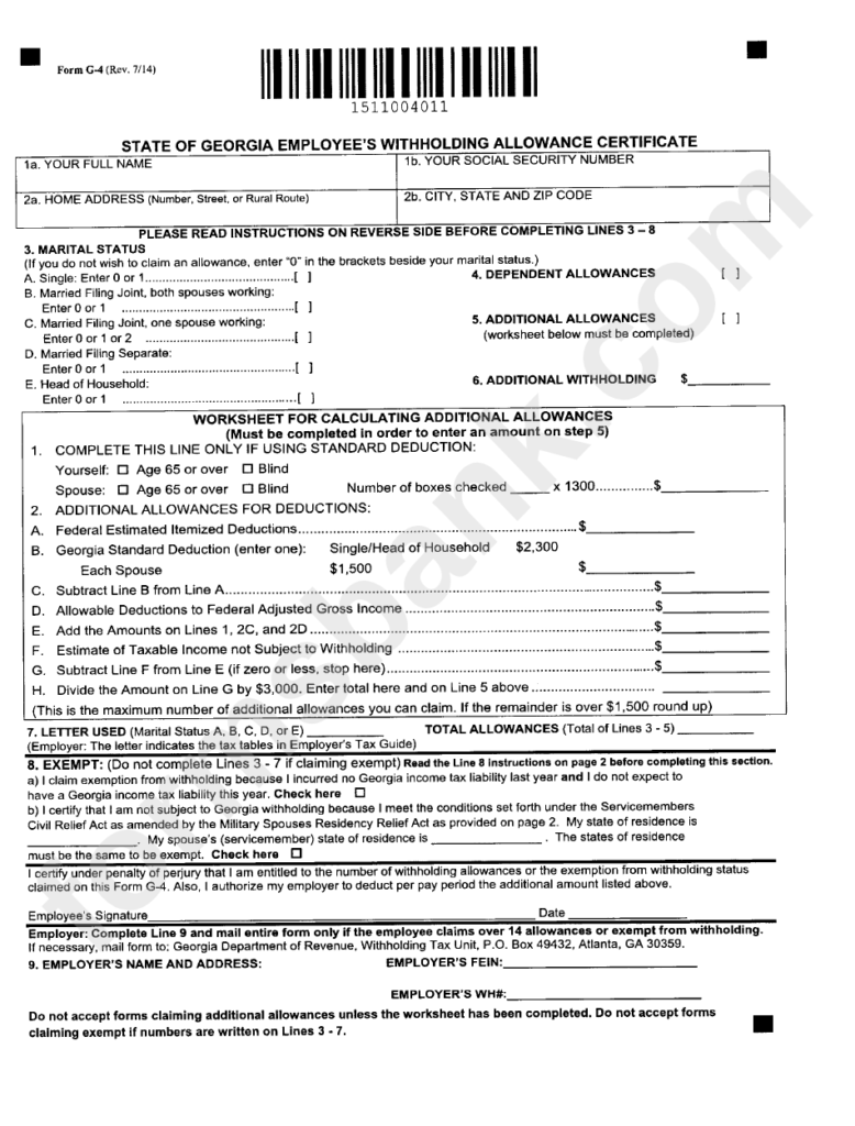 Form G 4 State Of Georgia Employee S Withholding Allowance 