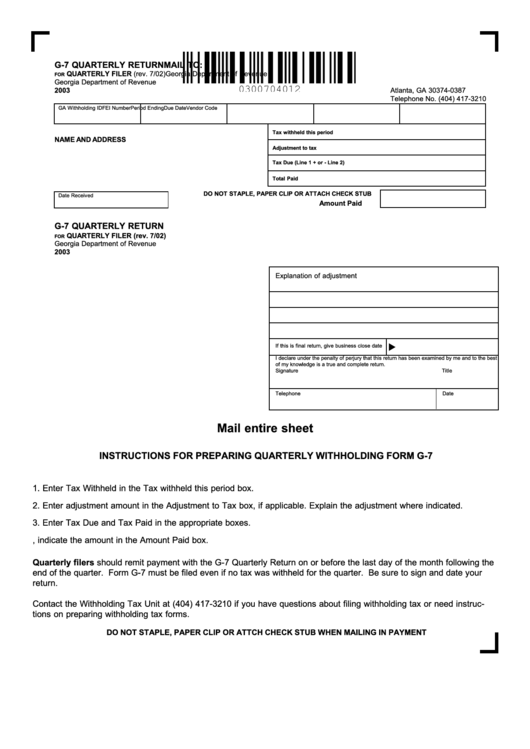 Form G 7 Quarterly Return 2003 Printable Pdf Download