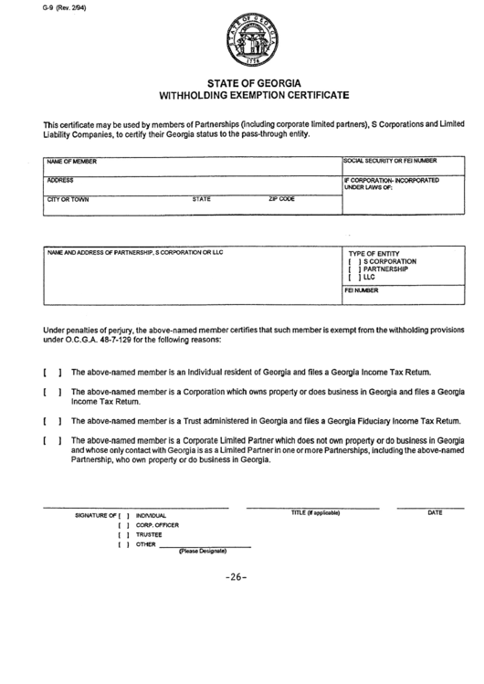 Form G 9 Withholding Exemption Certificate State Of Georgia 0420