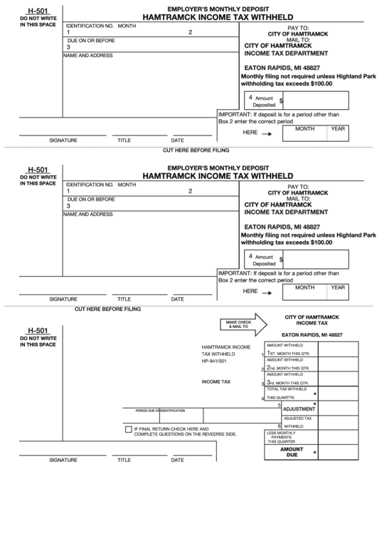 Form H 501 Hamtramck Income Tax Withheld Printable Pdf Download