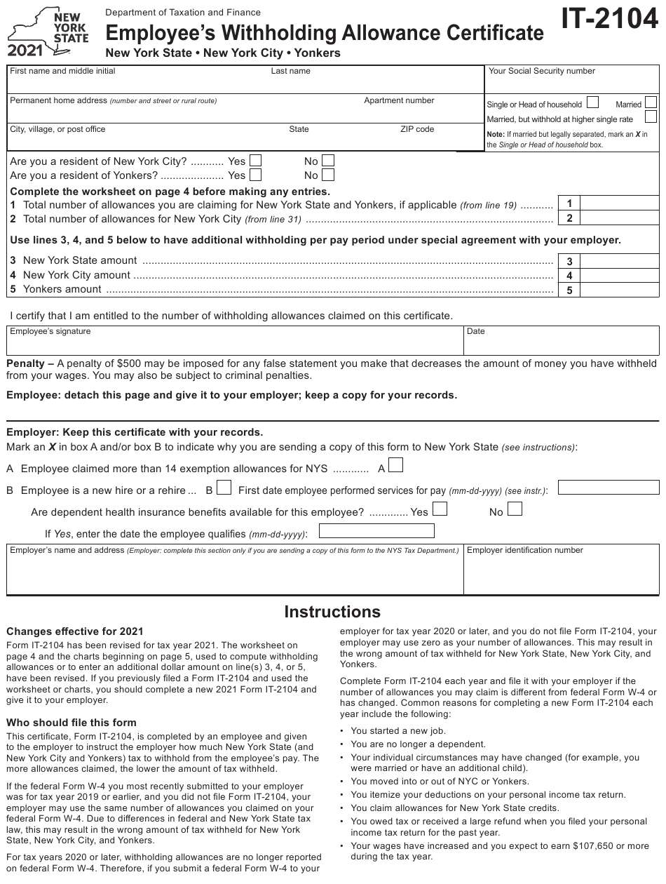 Form IT 2104 Download Fillable PDF Or Fill Online Employee s 