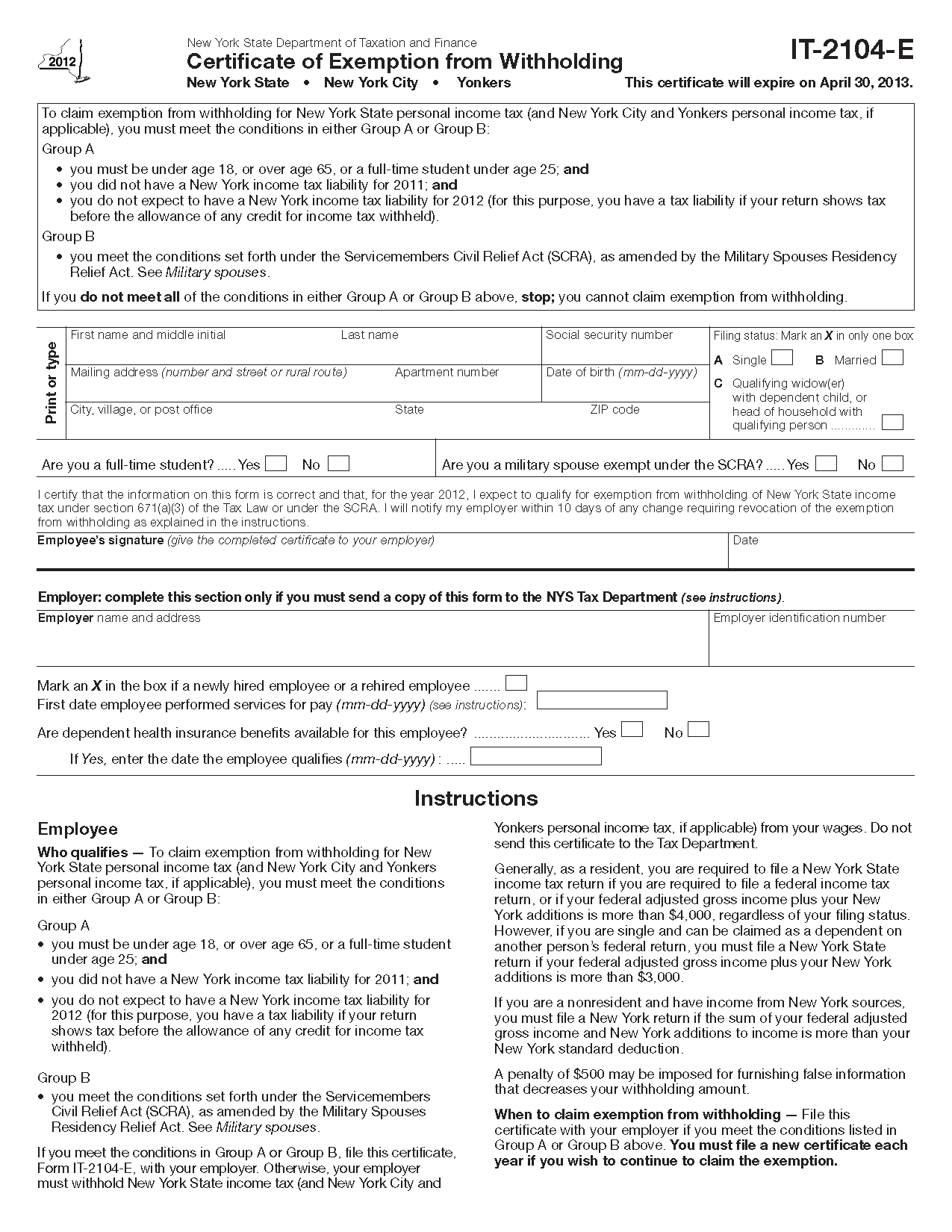 Form IT 2104 E Fill in Certificate Of Exemption From Withholding