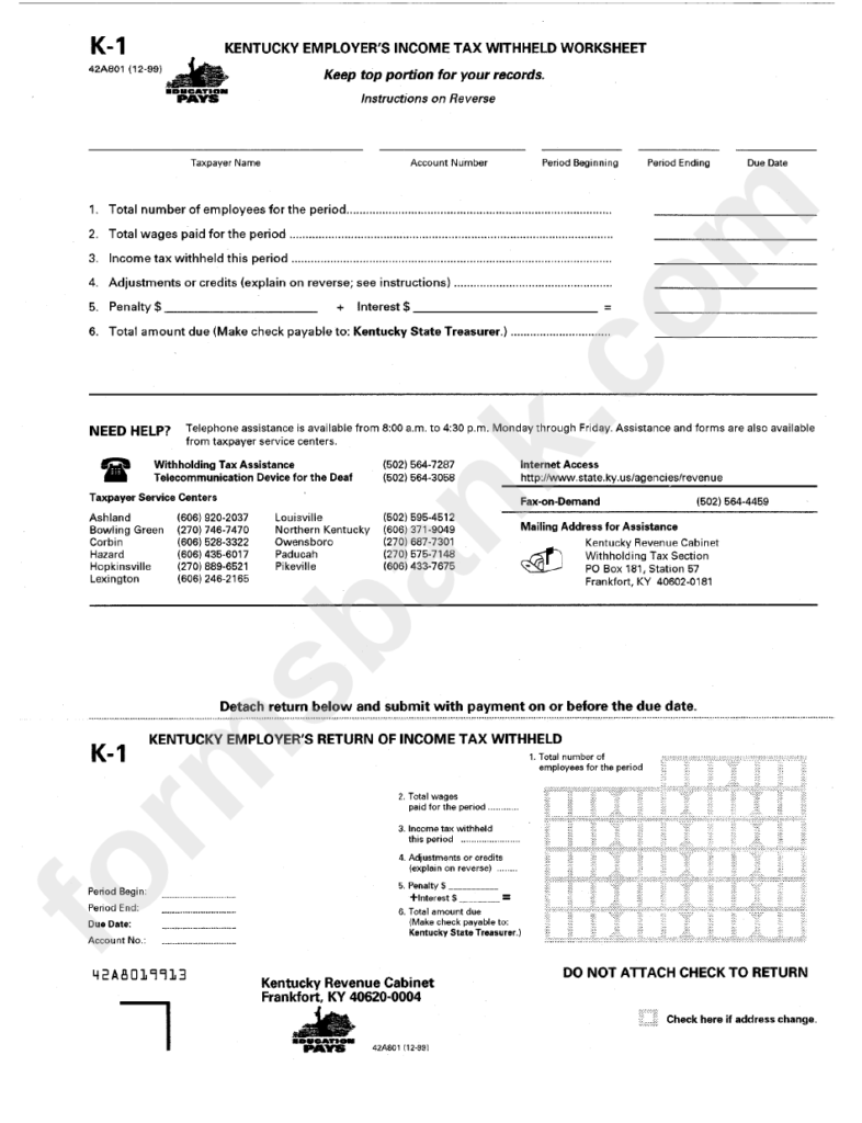 Form K 1 Kentucky Employer S Return Of Income Tax Withheld Printable 