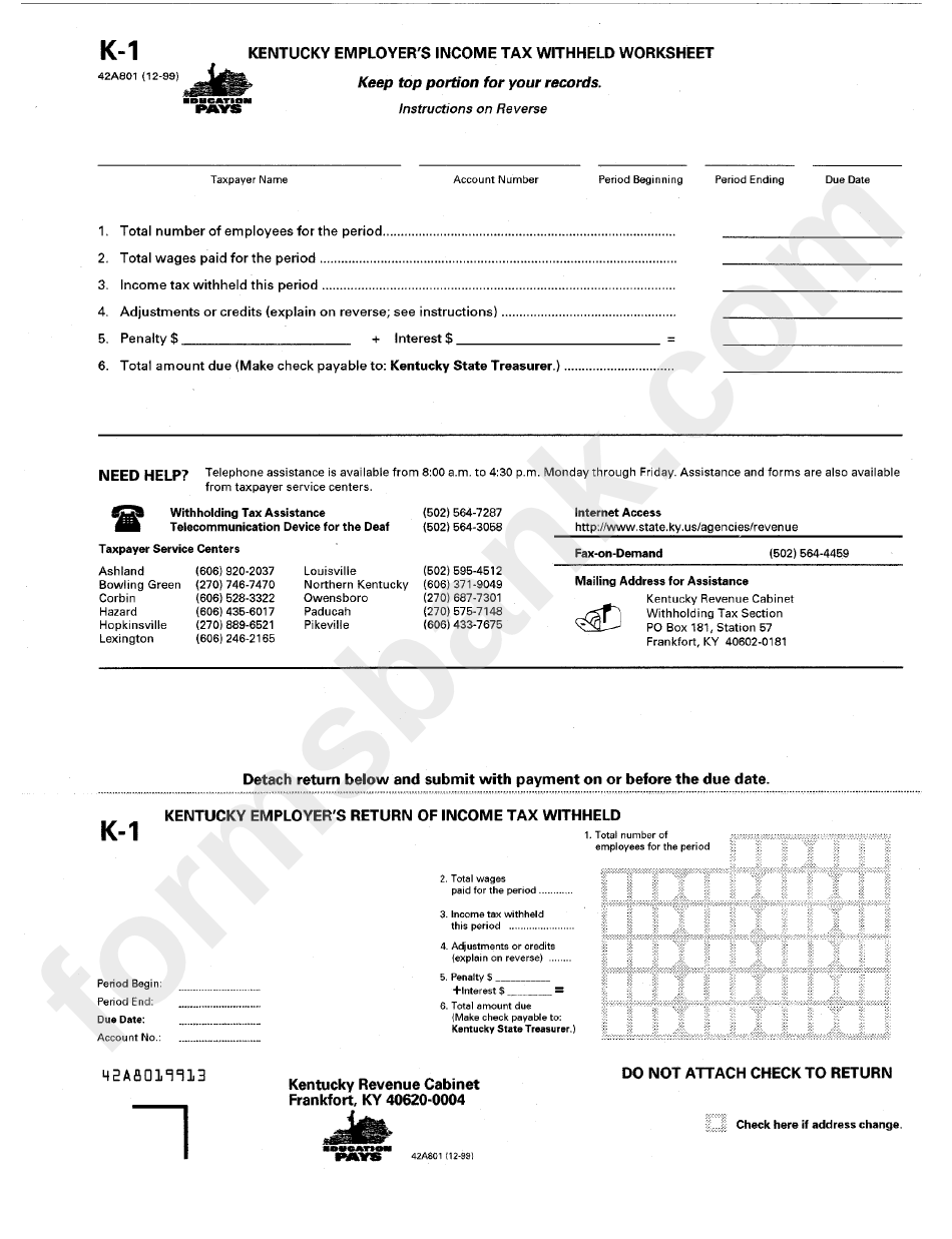 Form K 1 Kentucky Employer S Return Of Income Tax Withheld Printable 