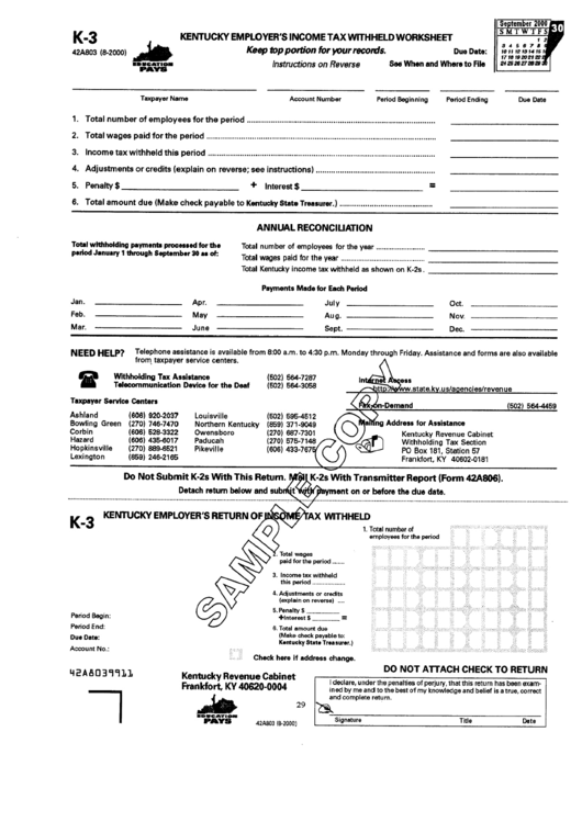 Form K 3 Kentucky Employer S Income Tax Withheld Worksheet Printable 