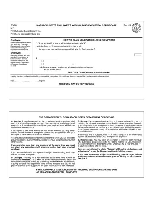 Form M 4 Massachusetts Employee S Withholding Exemption Certificate 