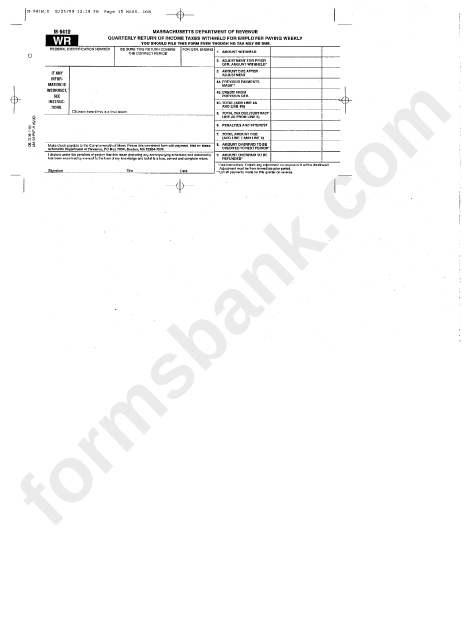 Form M 941d Wr Quarterly Return Of Income Taxes Withheld For Employer 