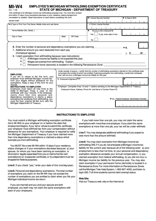 Form Mi W4 Employee S Michigan Withholding Exemption Certificate 