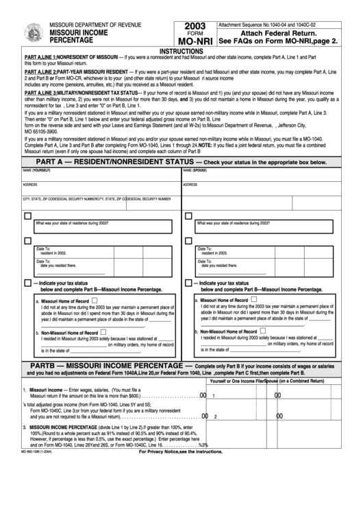 Form Mo Nri Missouri Income Percentage 2003 Printable Pdf Download