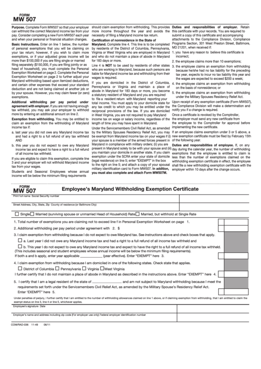 Form Mw 507 Employee S Maryland Withholding Exemption Certificate 