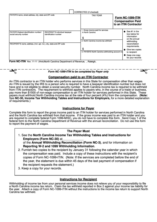 Form Nc 1099 Itin Compensation Paid To An Itin Contractor North 