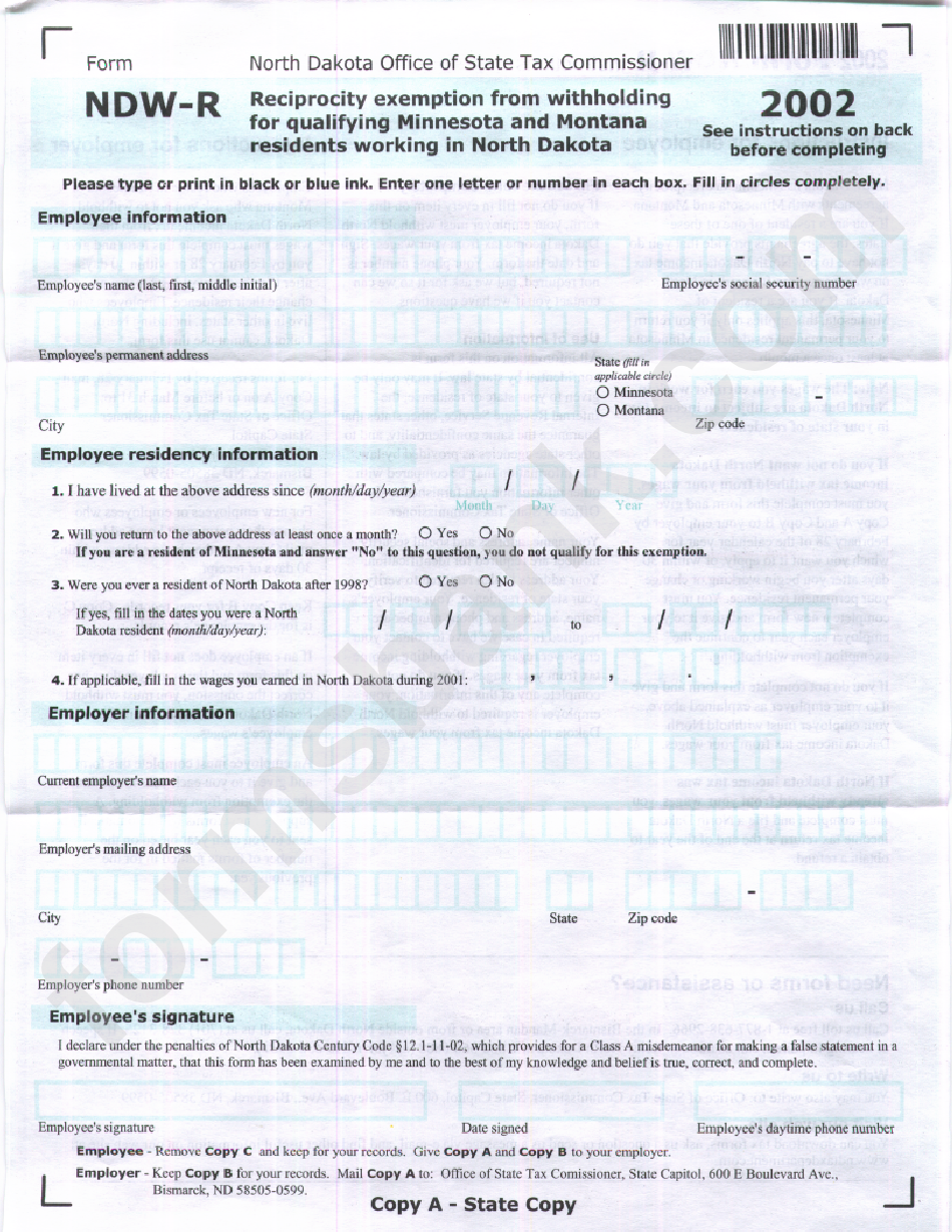 Form Ndw R Reciprocity Exemption From Withholding For Qualifying 