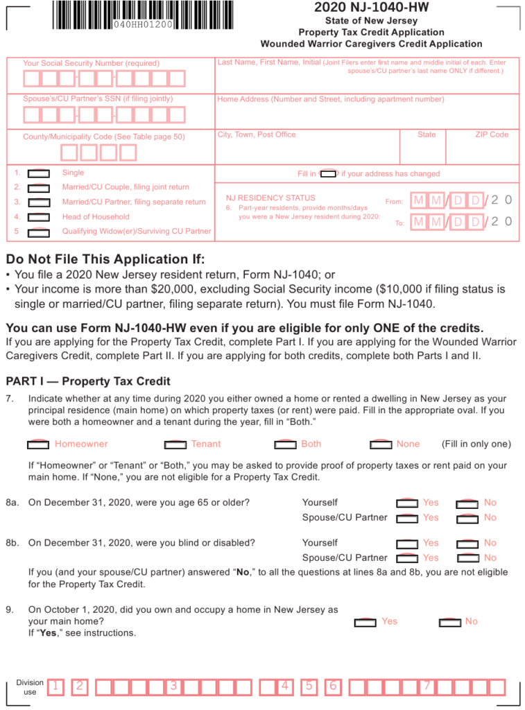 Form NJ 1040 HW Download Fillable PDF Or Fill Online Property Tax 