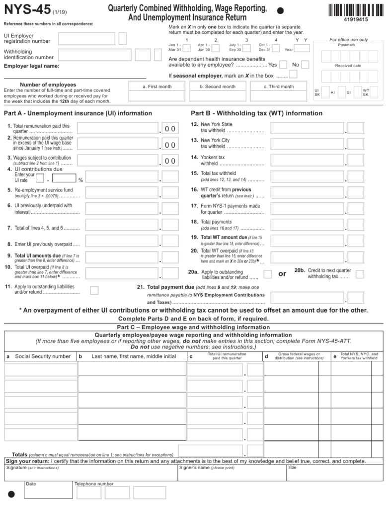 Form NYS 45 Download Fillable PDF Or Fill Online Quarterly Combined 