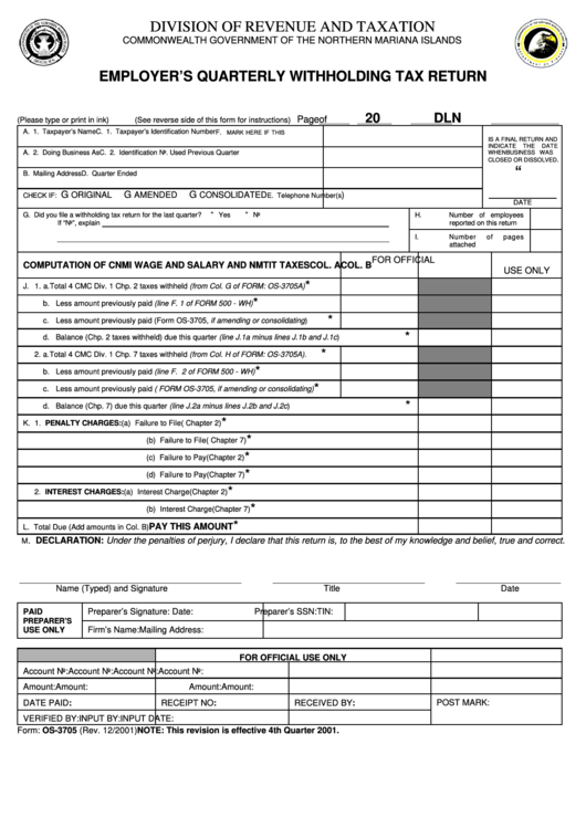 Form Os 3705 Employer S Quarterly Withholding Tax Return Printable