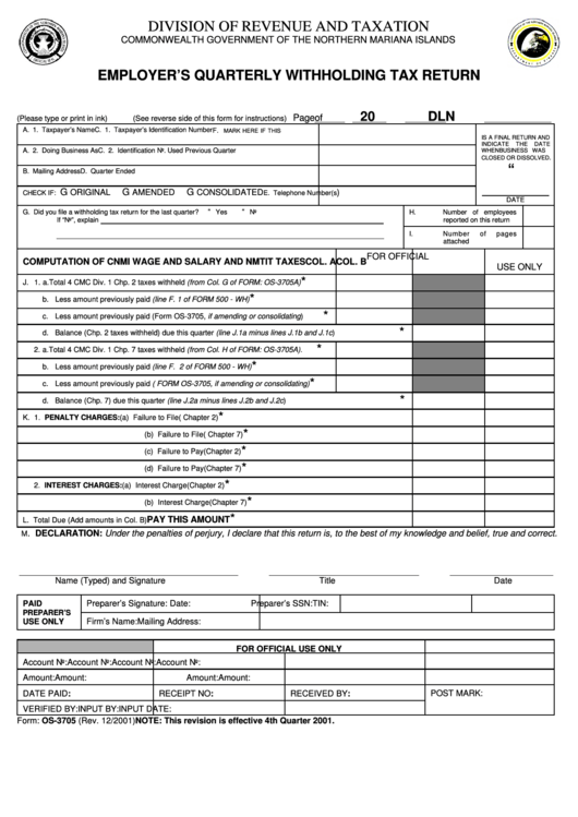 Form Os 3705 Employer S Quarterly Withholding Tax Return Printable 