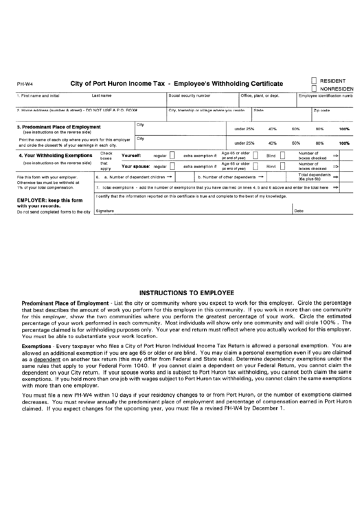 Form Ph W4 Employer S Withholding Certificate City Of Port Huron 