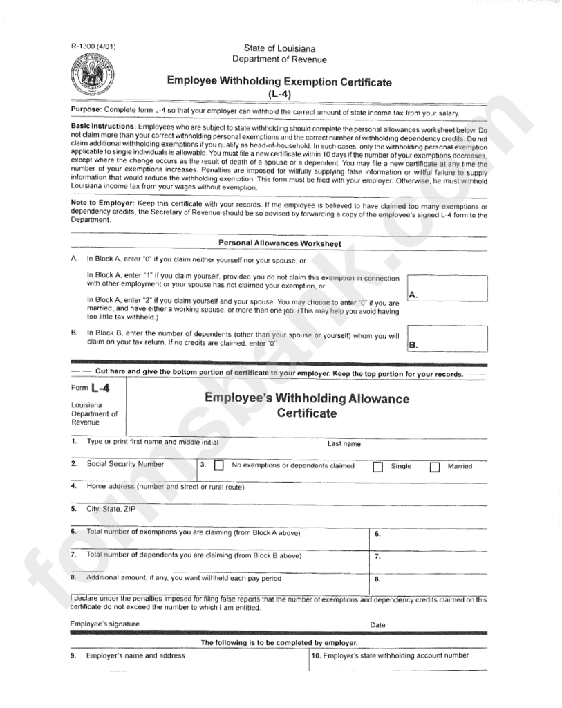 Form R 1300 Louisiana Employee Withholding Exemption Certificate L 4