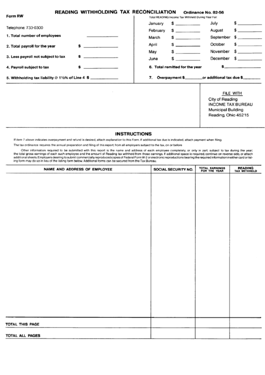 Form Rw Reading Withholding Income Tax Reconciliation City Of 
