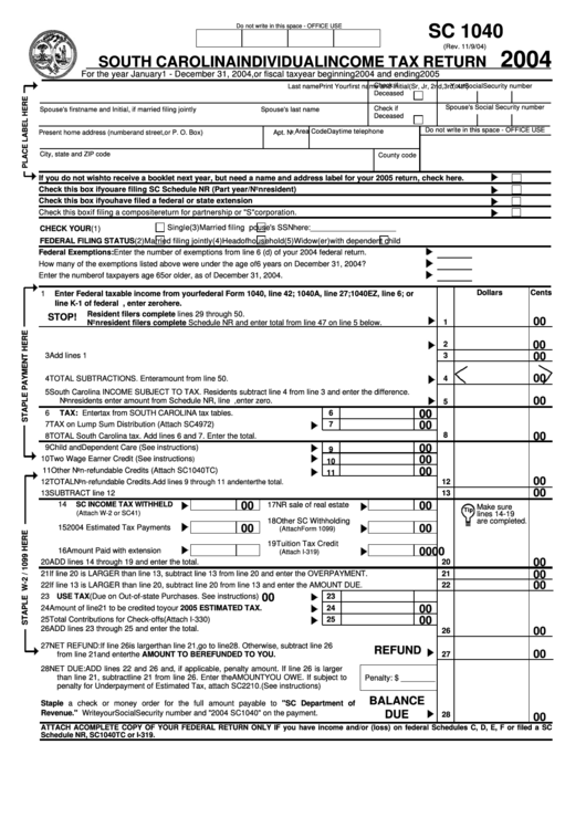 Form Sc 1040 South Carolina Individual Income Tax Return 2004 