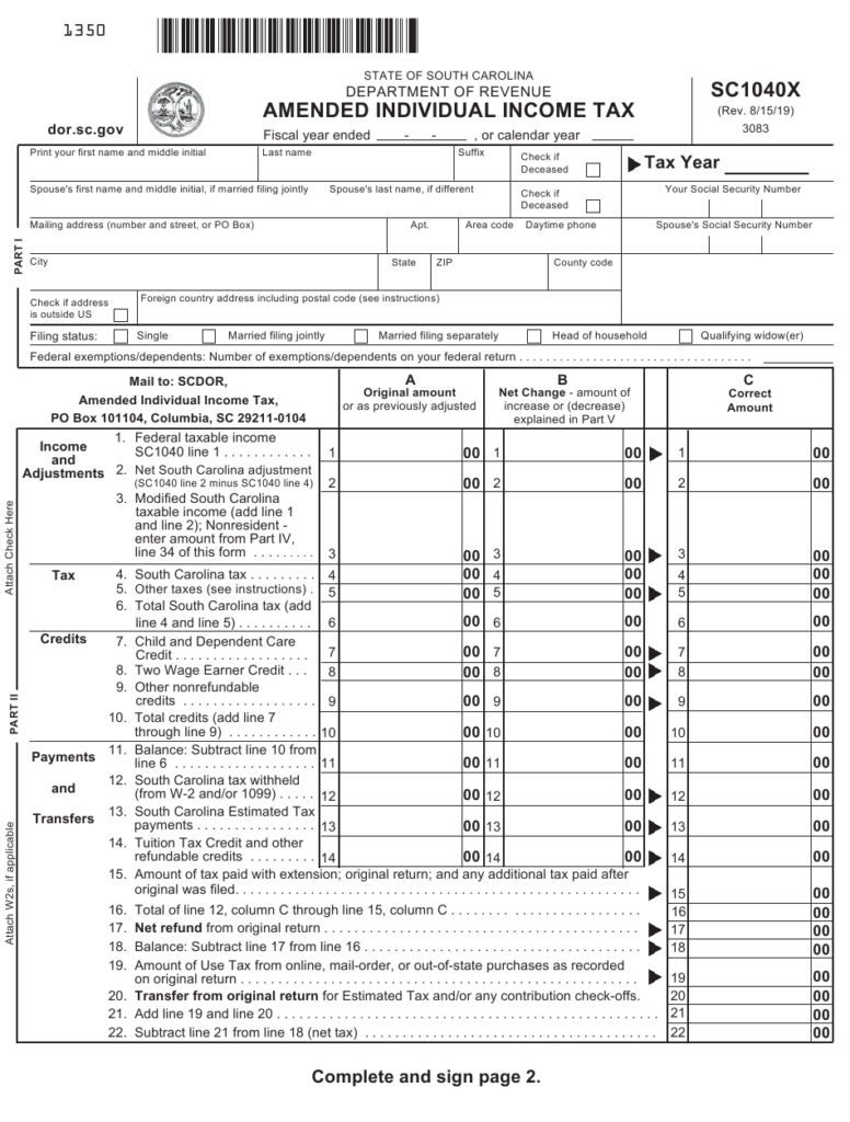 Form SC1040X Download Printable PDF Or Fill Online Amended Individual 