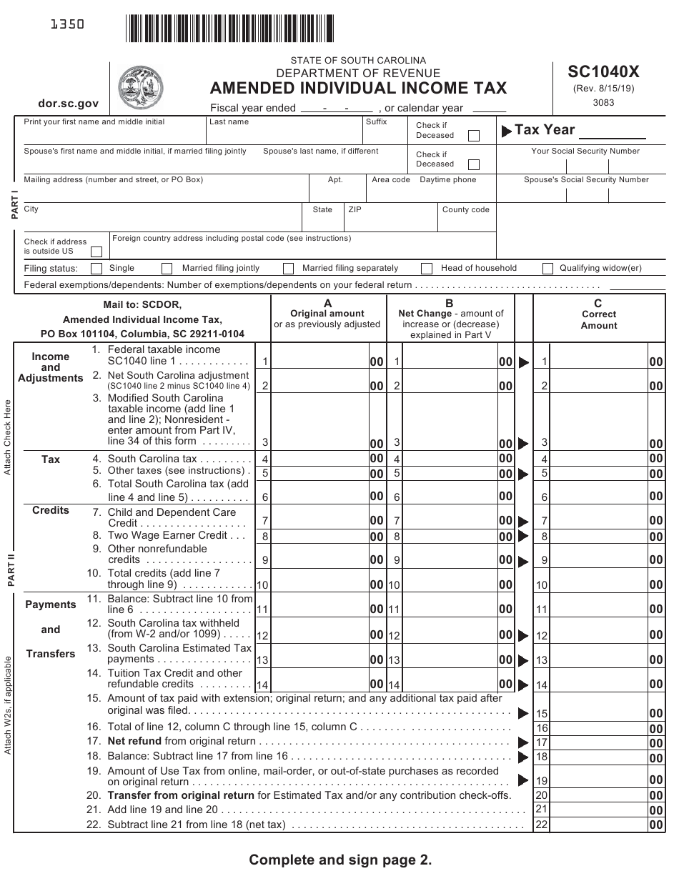 Form SC1040X Download Printable PDF Or Fill Online Amended Individual 