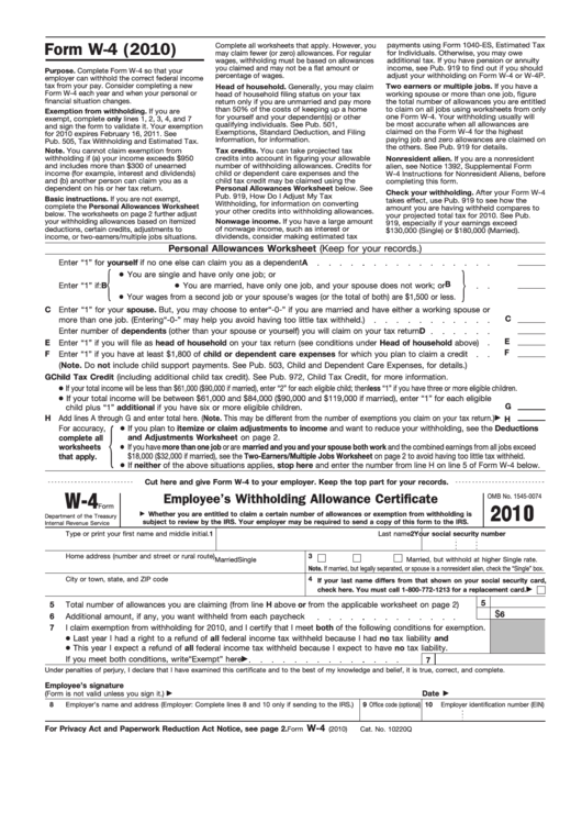 Form W 4 Employee S Withholding Allowance Certificate 2010 Form G 