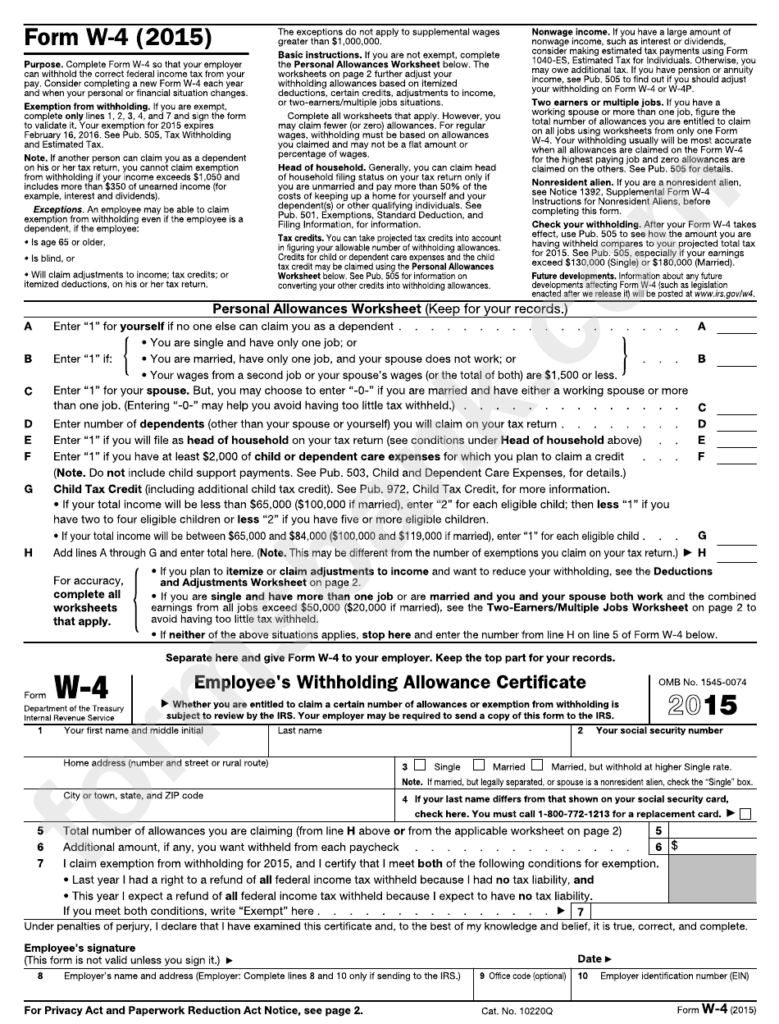 Form W 4 Employee S Withholding Allowance Certificate 2015