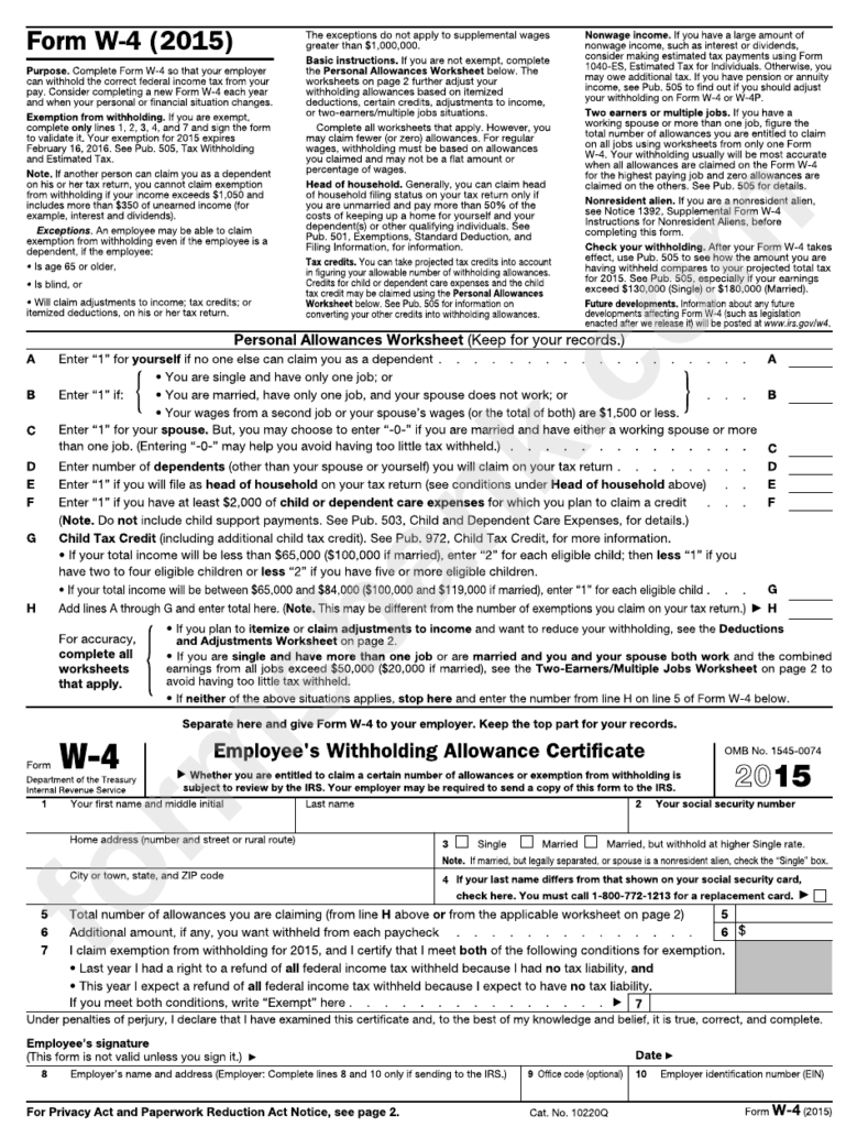 Form W 4 Employee S Withholding Allowance Certificate 2015 