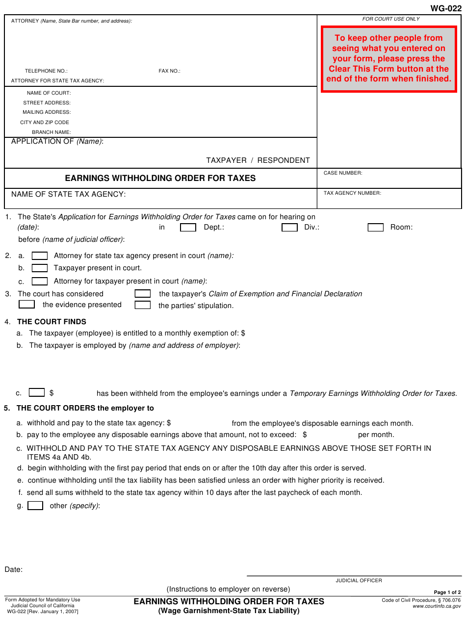 Form WG 022 Download Fillable PDF Or Fill Online Earnings Withholding 