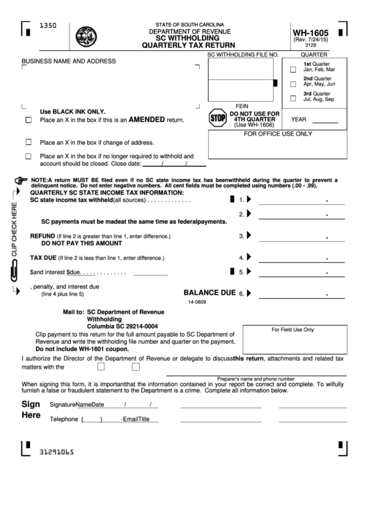 Form Wh 1605 Sc Withholding Quarterly Tax Return Printable Pdf Download