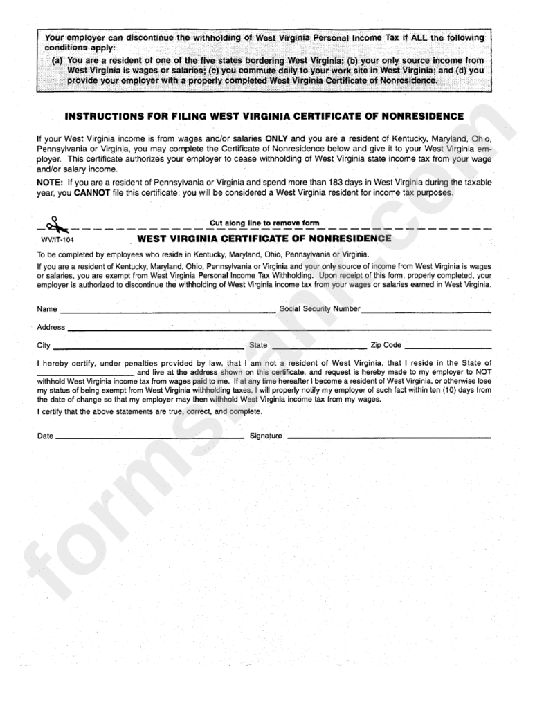 Form Wv it 104 West Virginia Certificate Of Nonresidence Printable 