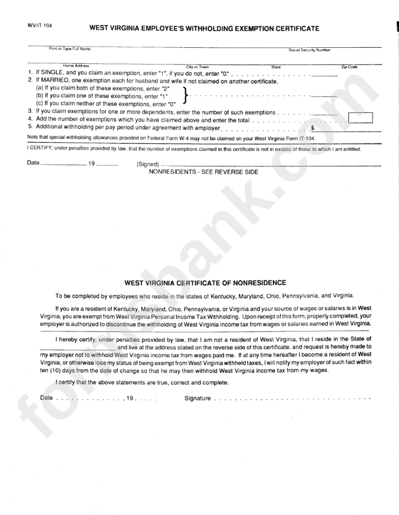 Form Wv it 104 West Virginia Employee S Withholding Exemption 