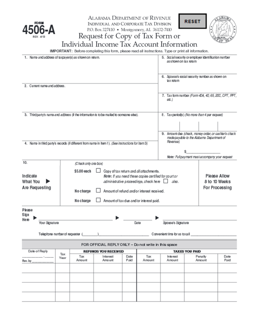Free Alabama Form 4506A Request For Copy Of Tax Form Or Individual 