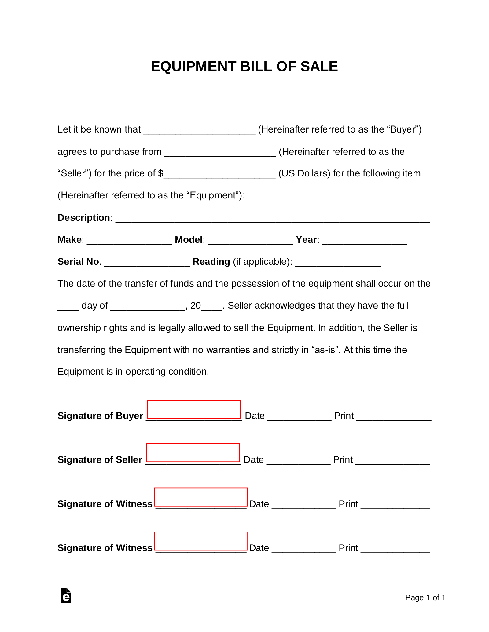 Free Equipment Bill Of Sale Form Word PDF EForms