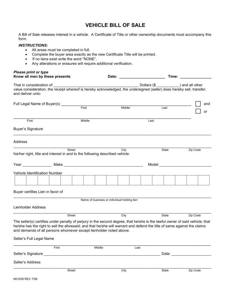 Free Fillable Vehicle Bill Of Sale Form PDF Templates