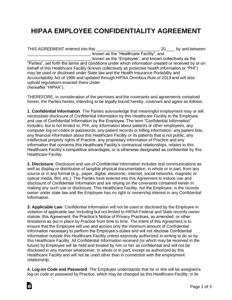 Free HIPAA Employee Confidentiality Agreement Word PDF EForms