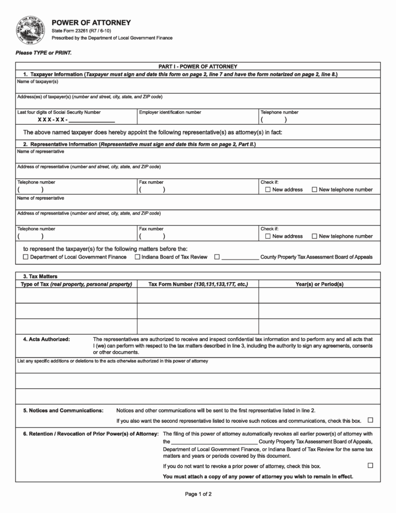 Free Indiana Tax Power Of Attorney Form 23261 R7 6 10 Adobe PDF 