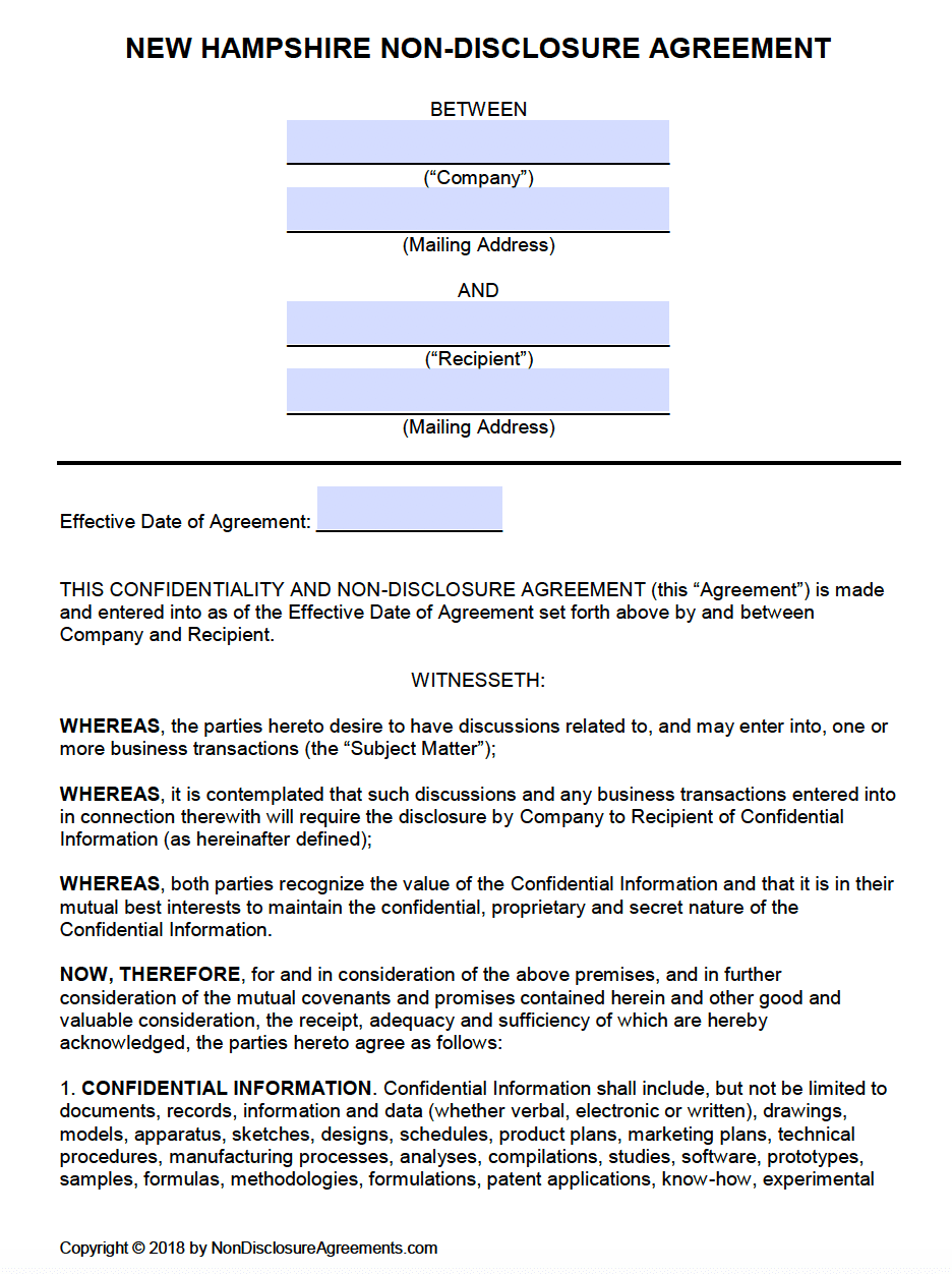 Free New Hampshire Non Disclosure Agreement NDA Template PDF Word