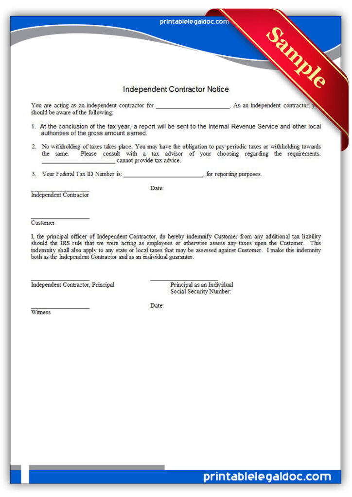 Free Printable Independent Contractor Notice Form GENERIC 