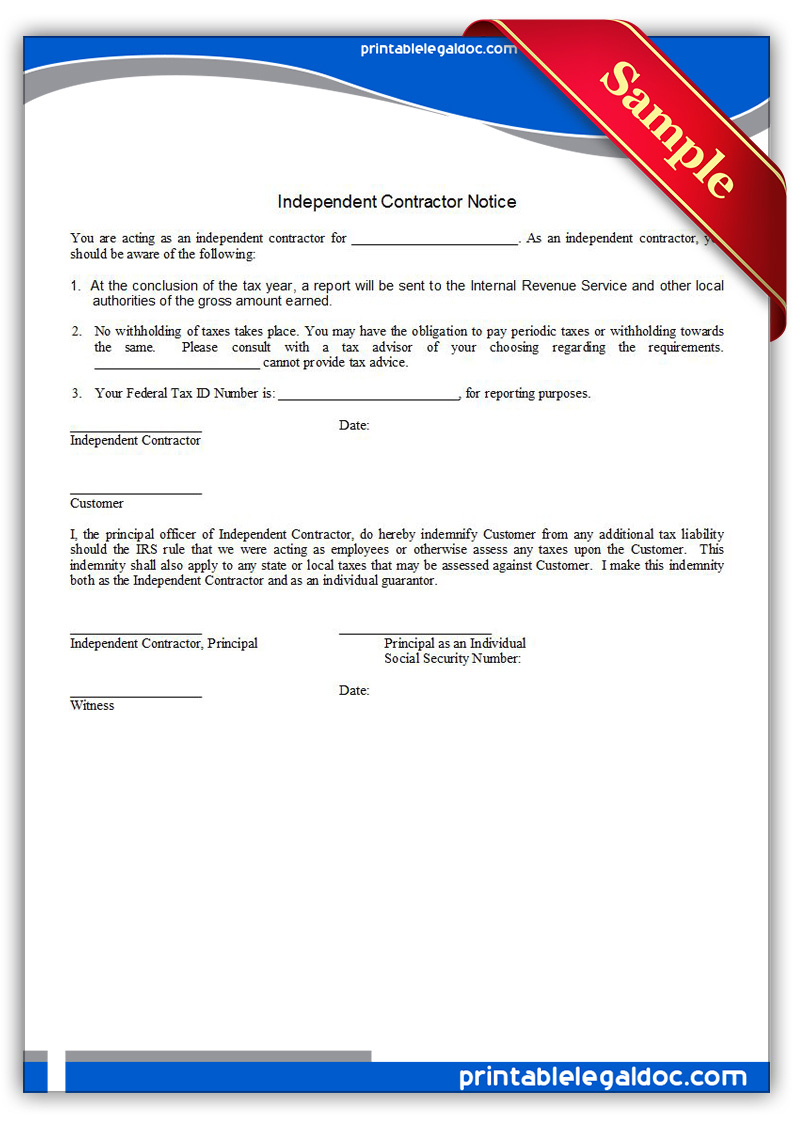 Free Printable Independent Contractor Notice Form GENERIC 