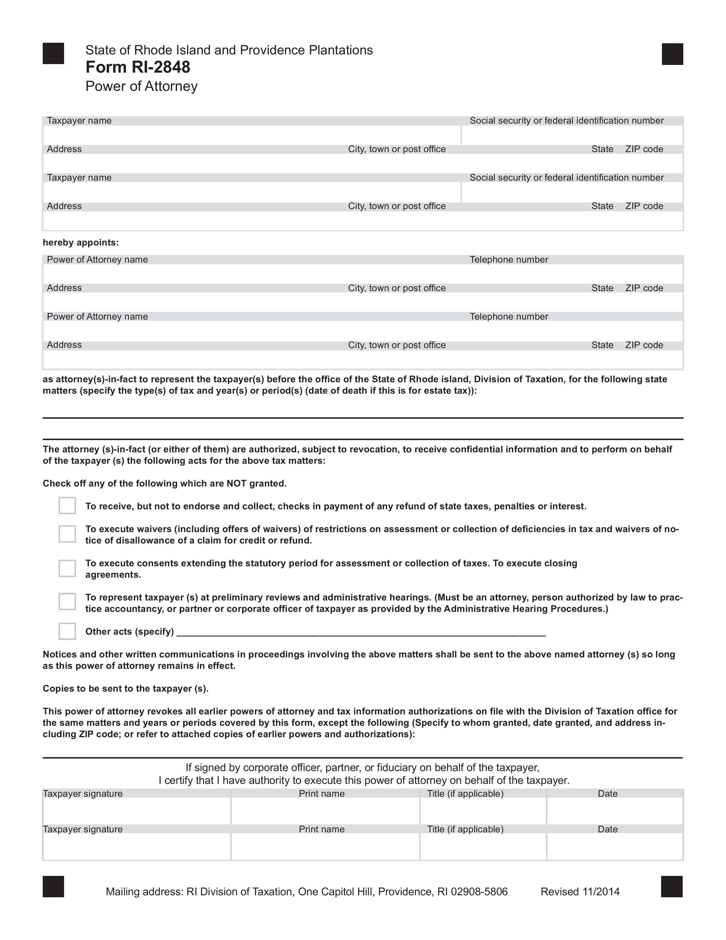 Free Rhode Island Tax Power Of Attorney Form Form RI 2848 