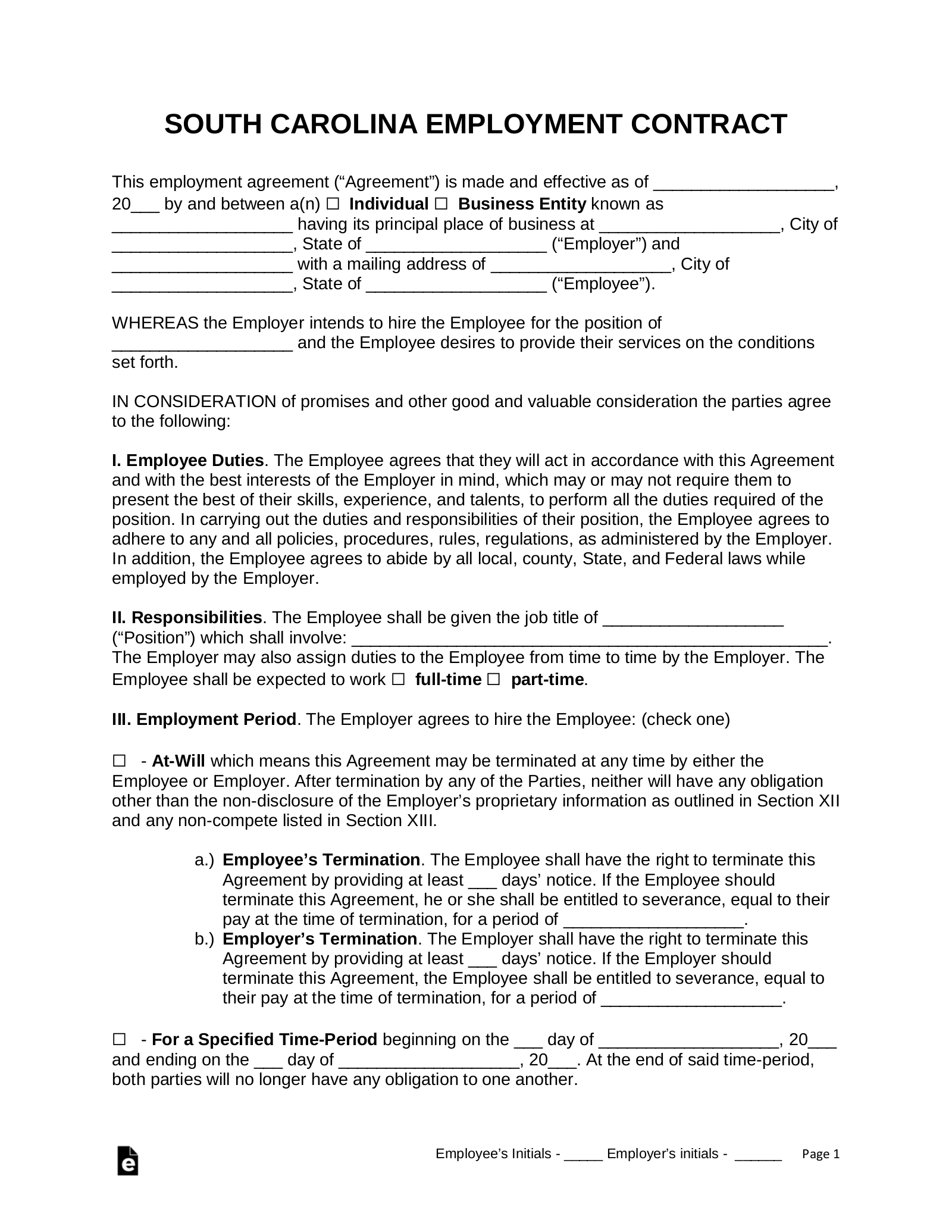 Free South Carolina Employment Contract Templates PDF Word EForms 