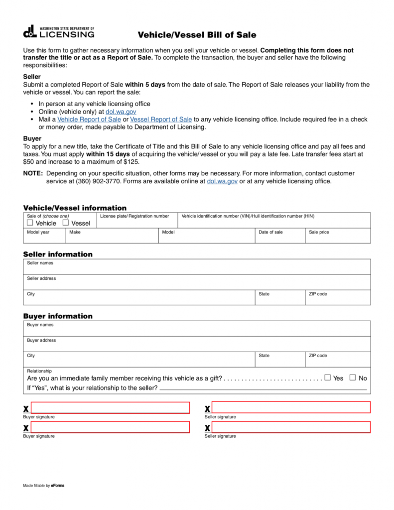 Free Washington Vehicle Boat Bill Of Sale PDF EForms