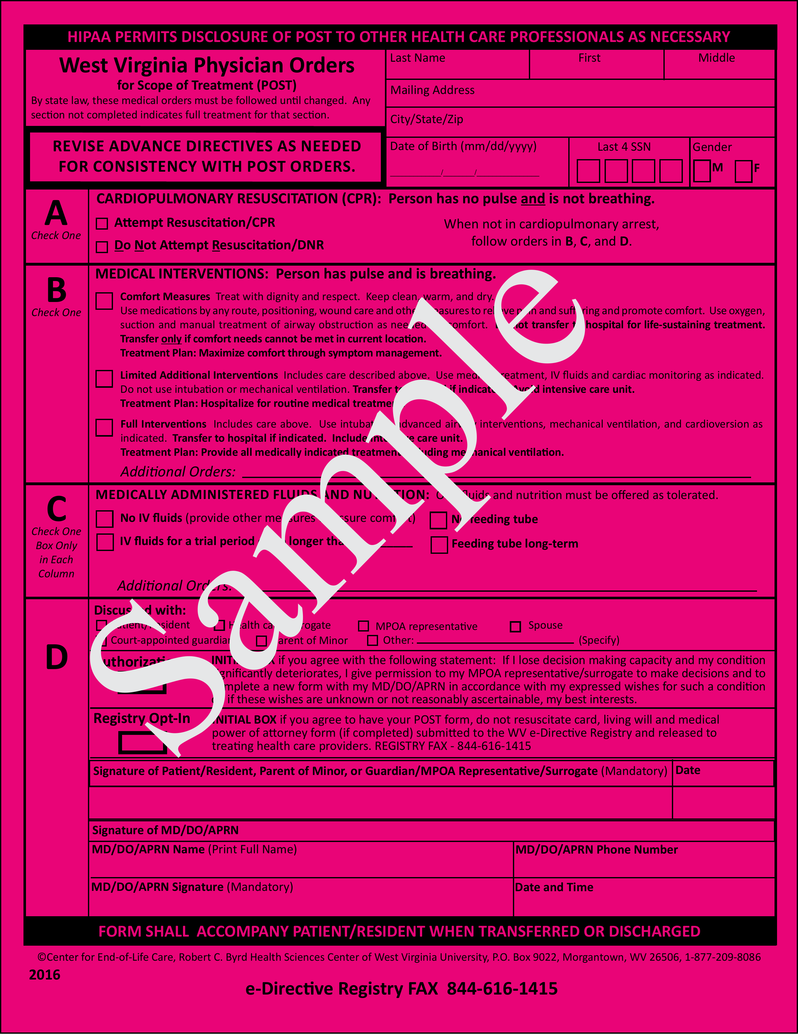 Free West Virginia Do Not Resuscitate DNR Order Form Sample Only 