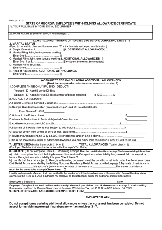 G 4 State Of Georgia Employee S Withholding Allowance Certificate 